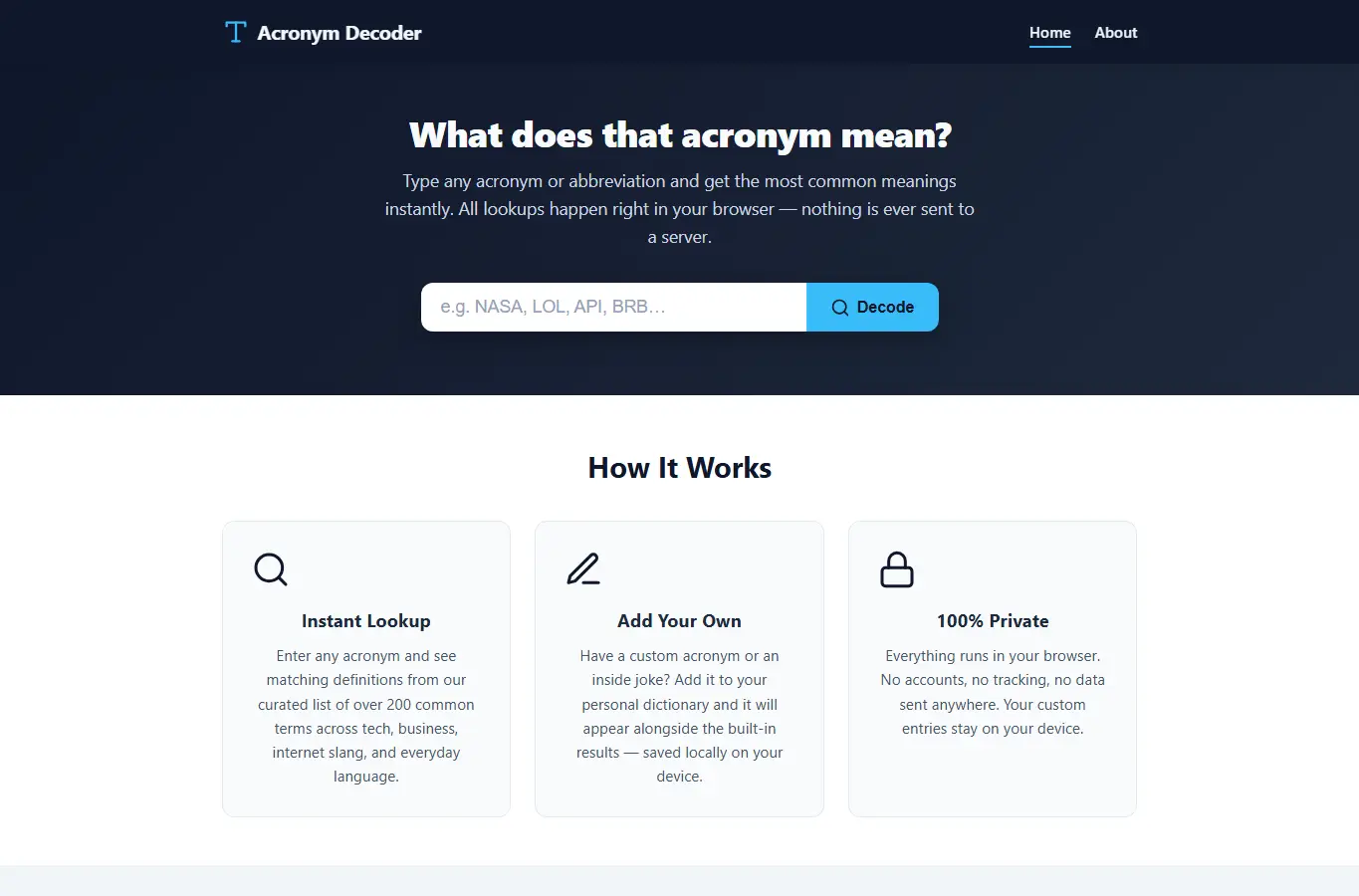 Screenshot of Acronym Decoder – Look Up & Save Acronyms interface showing the project page in use